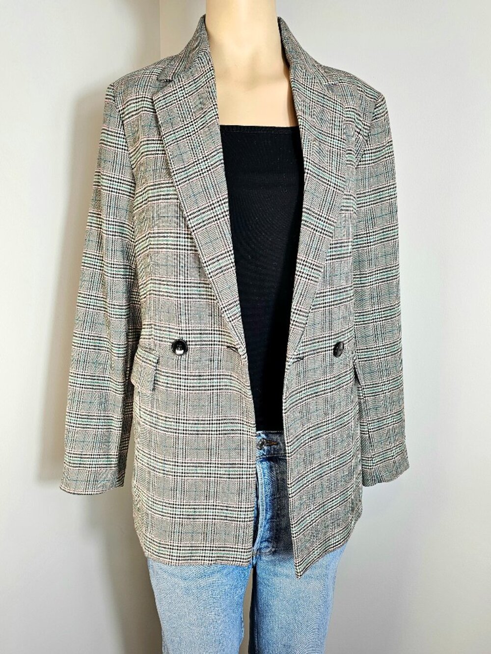 Mango Green Grey Plaid Tailored Blazer Small